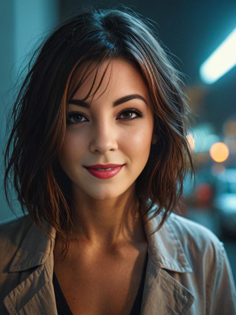 Woman in trench coat with city lights