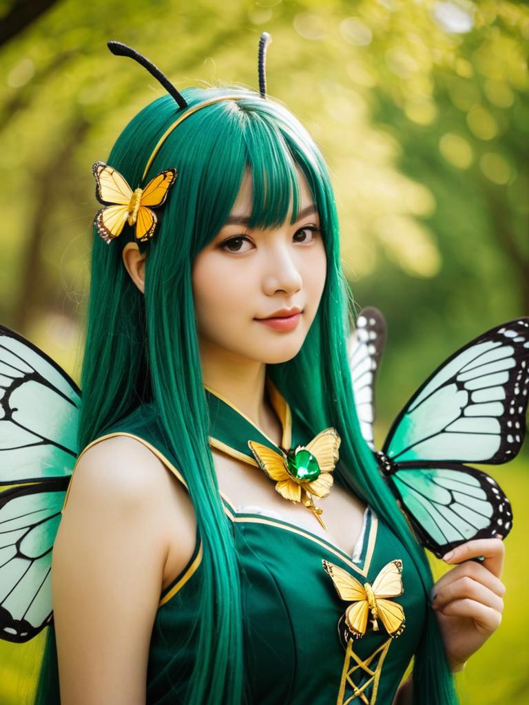 Akimoto Komachi Butterfly Cosplay Woman with Green Hair and Wings