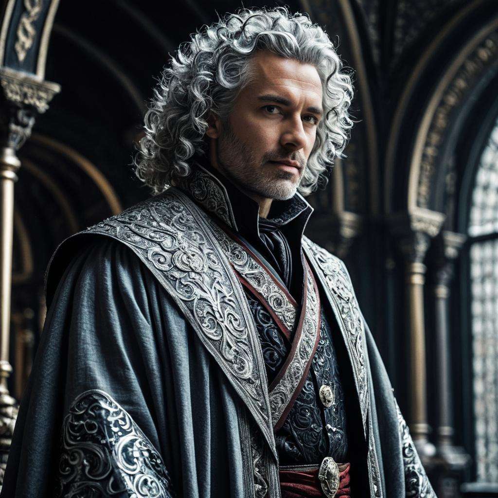Regal Man in Ornate Medieval Robe with Silver Curly Hair in Gothic Setting