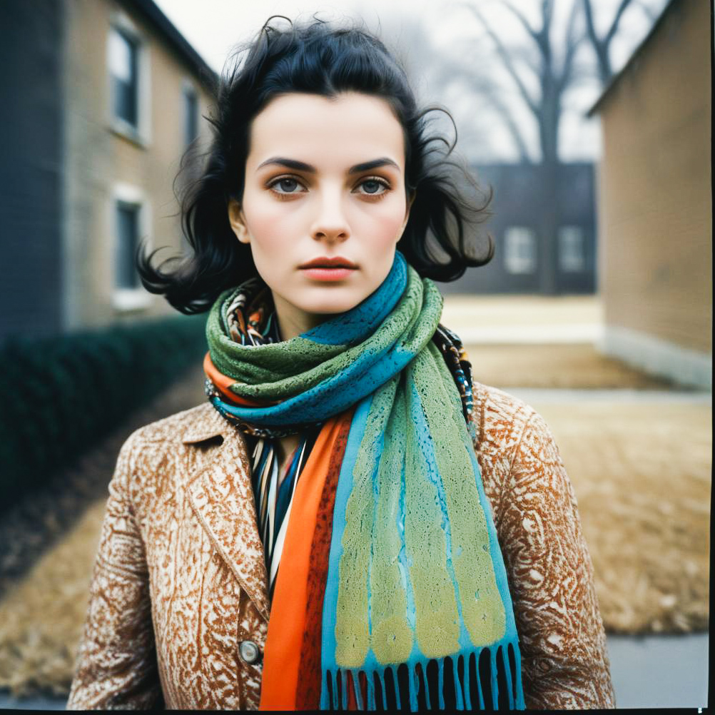 Elegant Woman with Colorful Scarf in Urban Setting