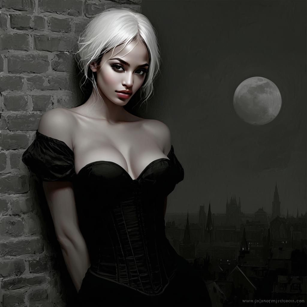 Gothic Woman with Platinum Hair Against Moonlit Cityscape