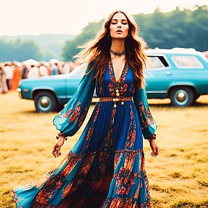 Woman in Bohemian Dress in Sunlit Field