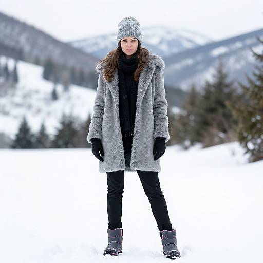 Woman in Grey Fur Coat and Beanie in Snowy Mountain Landscape