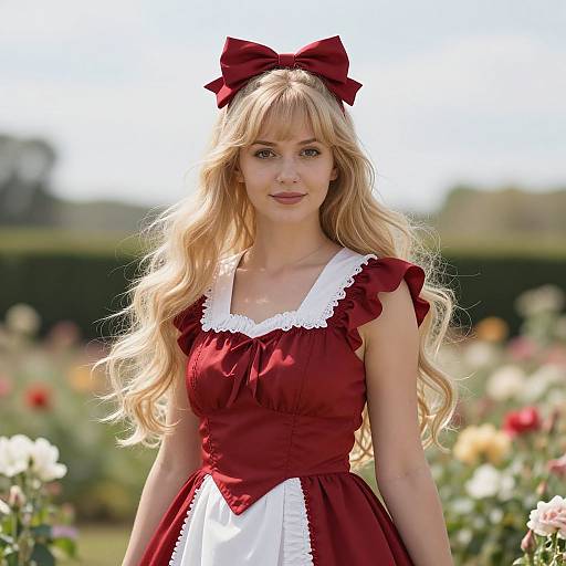 Young Woman in Vintage Red Dress with Bow in Flower Garden