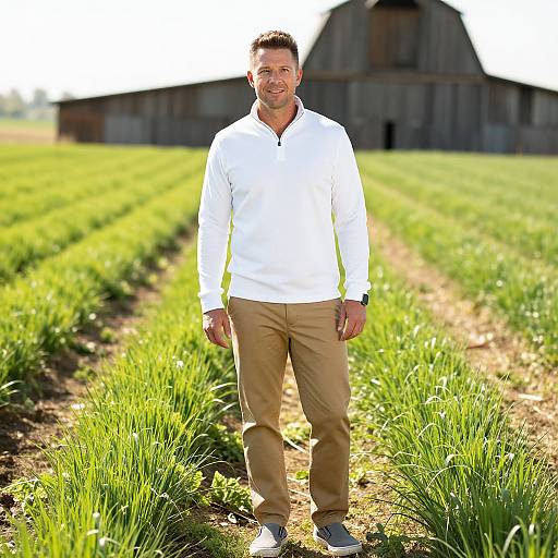 Man Standing in Green Agricultural Field with Barn Background