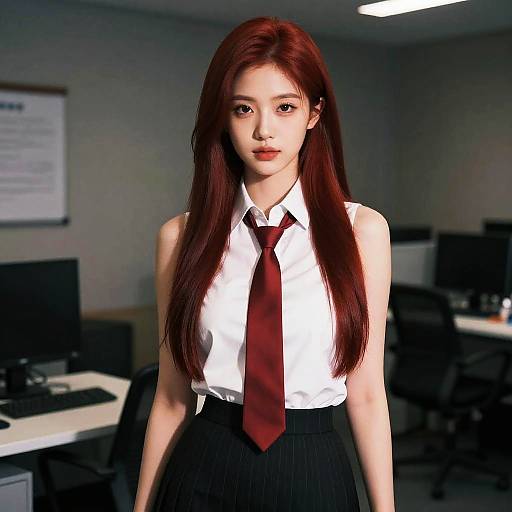 Young Woman in Office Attire with Red Hair and Tie