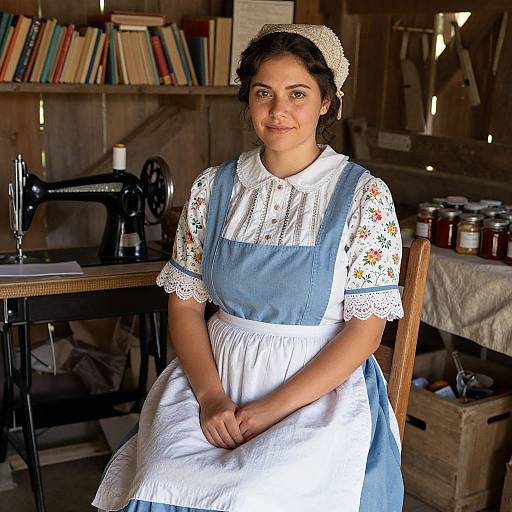 Woman in Traditional Pioneer Dress Sitting in Rustic Sewing Room
