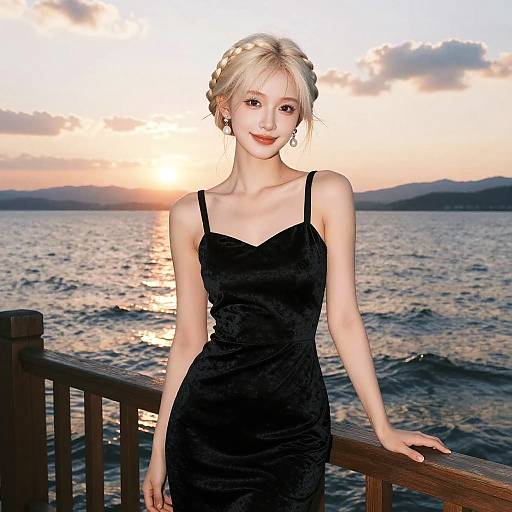 Elegant Woman in Black Velvet Dress by Lakeside Sunset