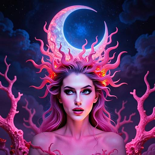 Surreal Fantasy Woman with Pink Hair and Crescent Moon Digital Art