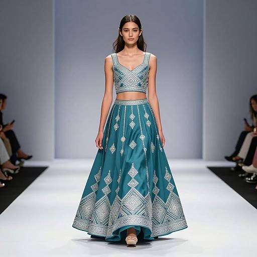 Teal Embroidered Indian Lehenga Fashion Runway Model