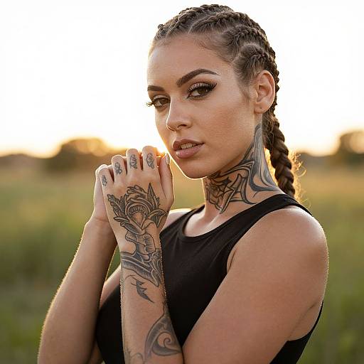 Tattooed Woman with Braided Hair in Natural Light Outdoor Portrait