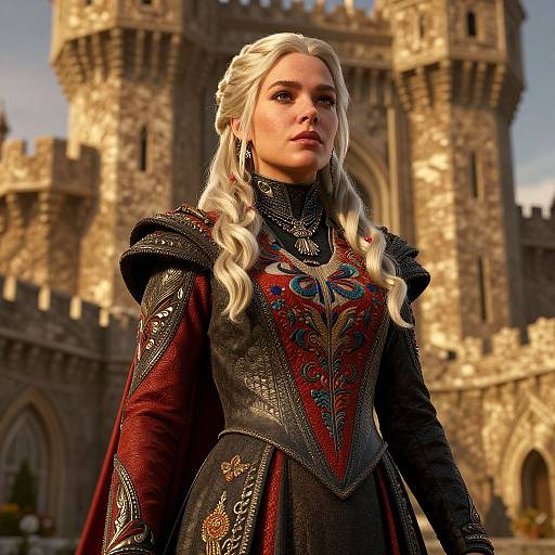 Medieval Fantasy Woman in Embroidered Leather Armor at Castle