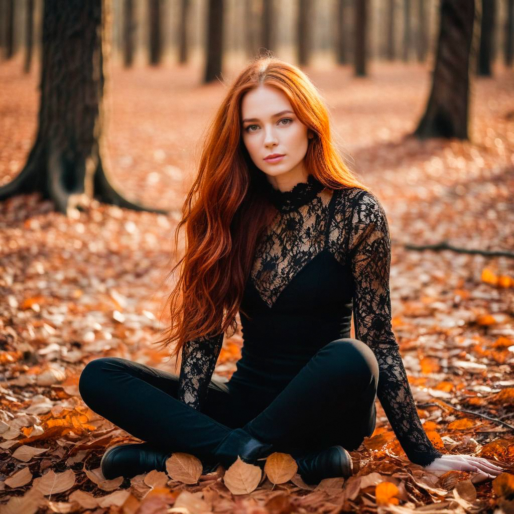 Young Woman in Black Lace Top Surrounded by Autumn Leaves