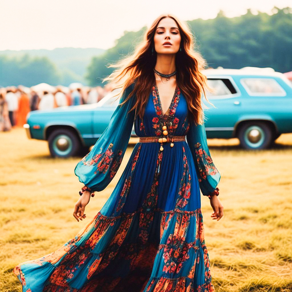 Woman in Bohemian Dress in Sunlit Field