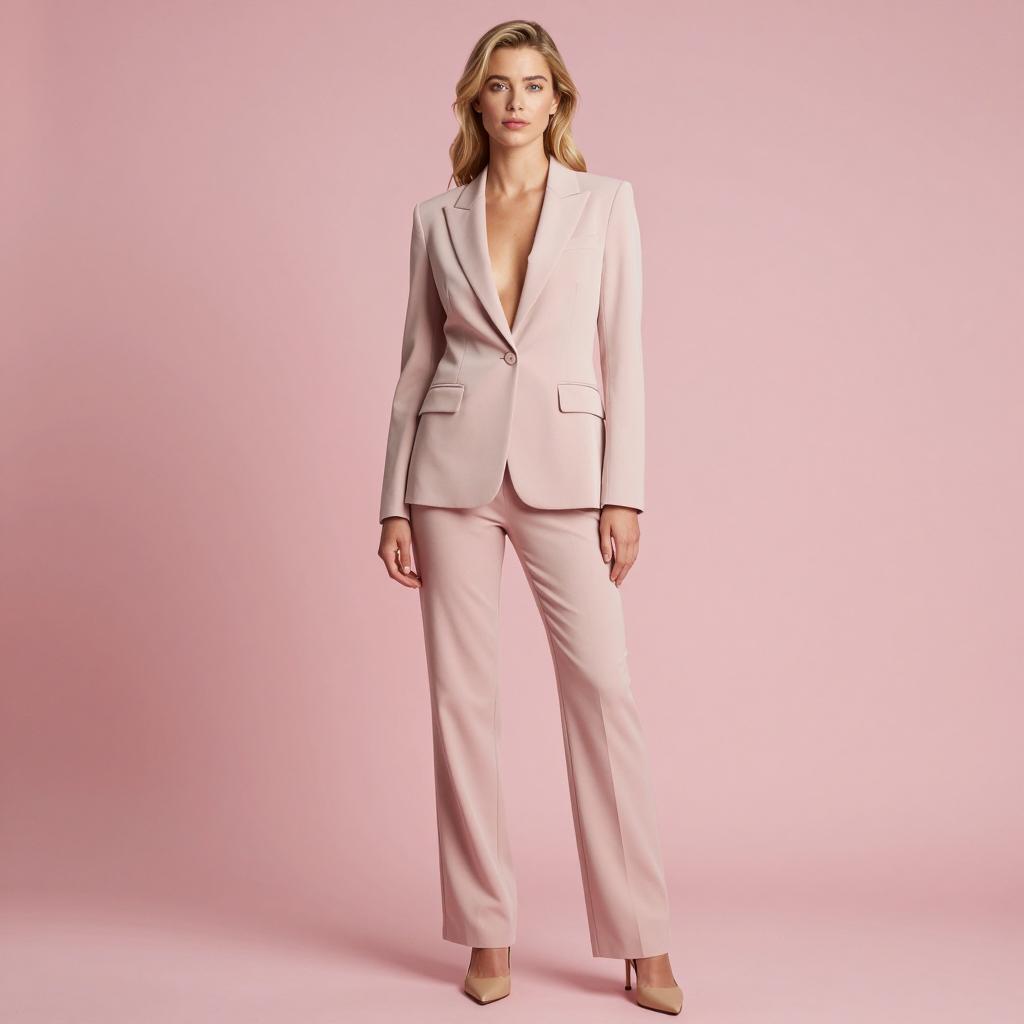 Elegant Woman in Pale Pink Tailored Pantsuit Fashion