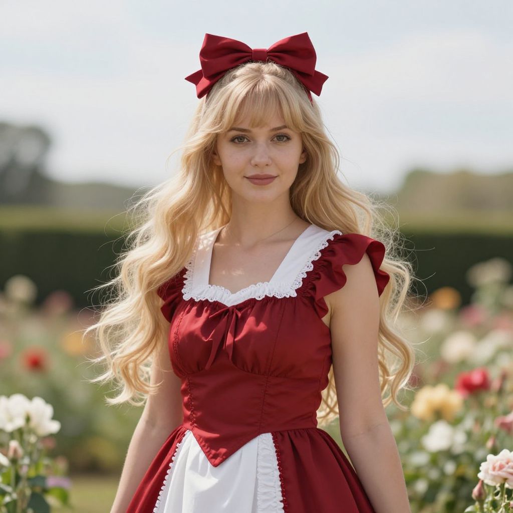 Young Woman in Vintage Red Dress with Bow in Flower Garden
