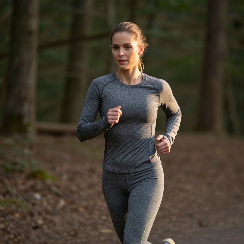 Woman Jogging Through Forest Trail in Grey Sportswear