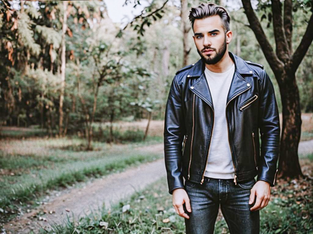 Stylish Man in Leather Jacket in Forest