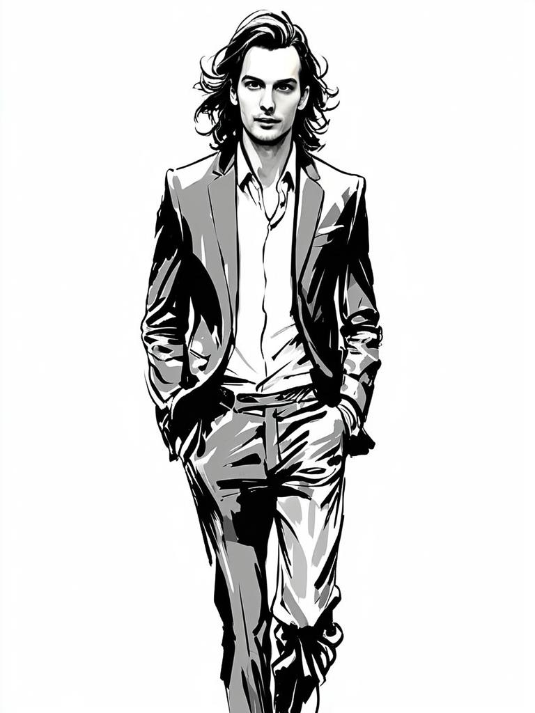 Confident Man in Stylish Suit - Black and White Illustration