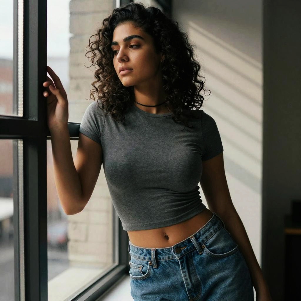 Contemplative Woman in Grey Crop Top and Blue Jeans by Window
