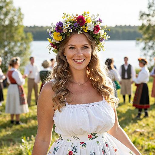 Smiling Woman in Floral Crown at Traditional Outdoor Festival by the Lake