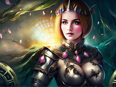 Fantasy Woman Warrior in Ornate Armor with Pink Gemstones
