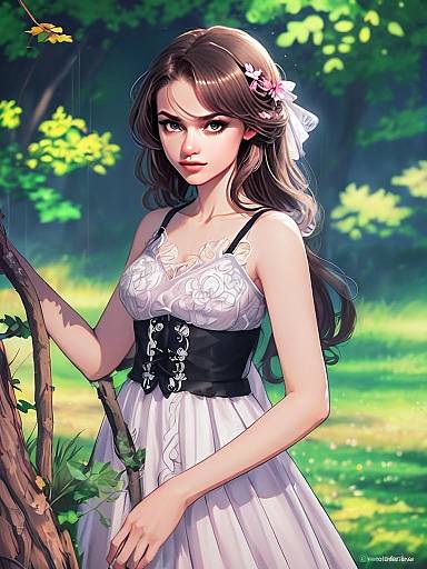 Elegant Anime Style Woman in White Floral Dress in Forest