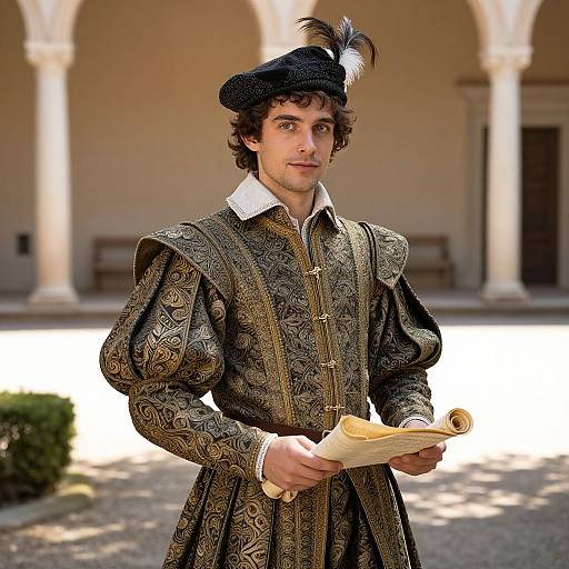 Young Man in Embroidered Renaissance Costume Holding Parchment