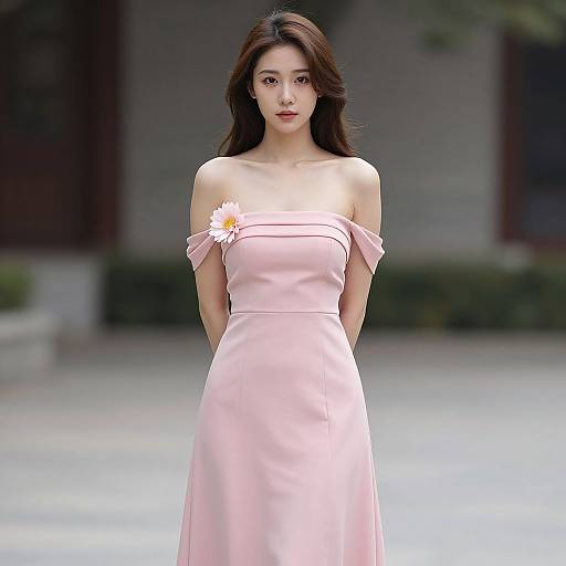 Elegant Woman in Pink Off-Shoulder Dress with Flower Detail