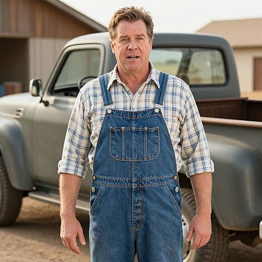Middle-aged Man in Denim Overalls with Vintage Pickup Truck