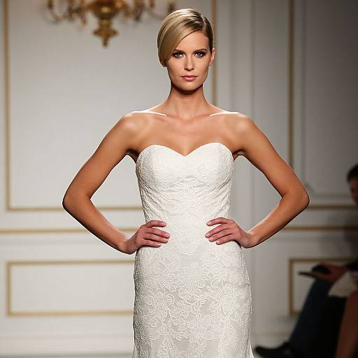 Elegant Woman Wearing Strapless White Lace Wedding Dress on Runway