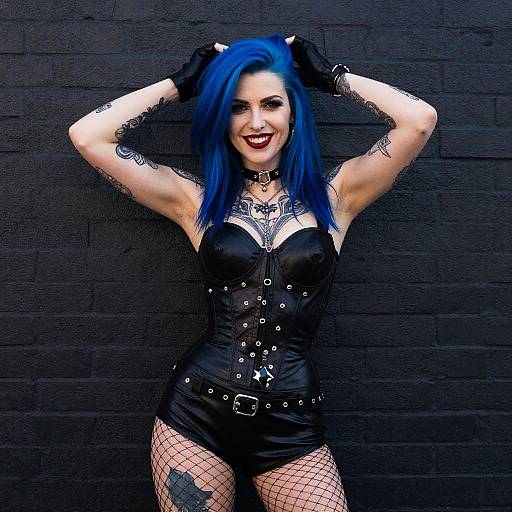 Confident Woman with Blue Hair in Gothic Leather Corset and Fishnet Stockings