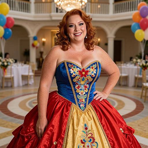 Confident Woman in Embroidered Colorful Ball Gown at Elegant Celebration