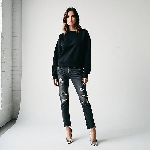 Confident Woman in Black Sweatshirt and Distressed Jeans in Minimalist Setting