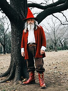 Elderly Man in Red Wizard Costume Standing by Tree in Park