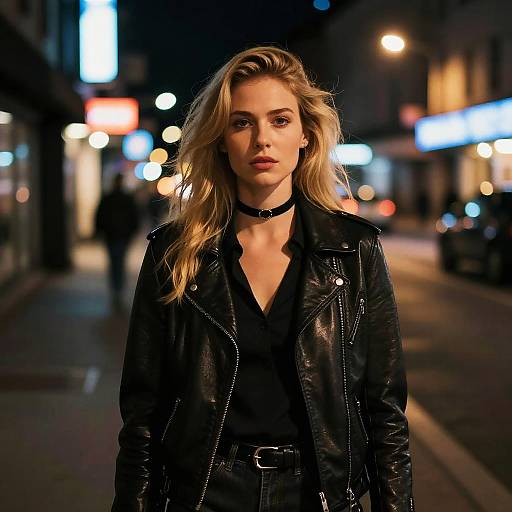 Confident Gen Z Woman Wearing Leather Jacket on City Street at Night