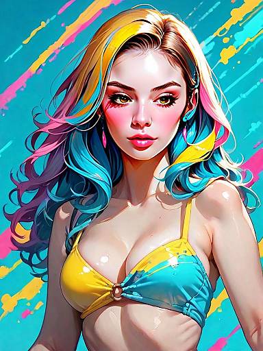 Colorful Woman with Neon Blue and Yellow Bandeau Bikini Top Digital Artwork