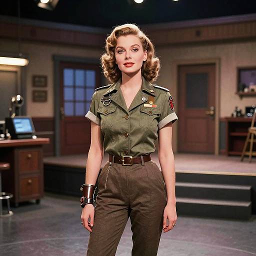 Vintage Military Style Woman in Retro Office Setting