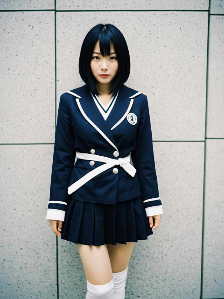 Woman in Akima Kunimoto Costume Sailor-Style School Uniform Cosplay