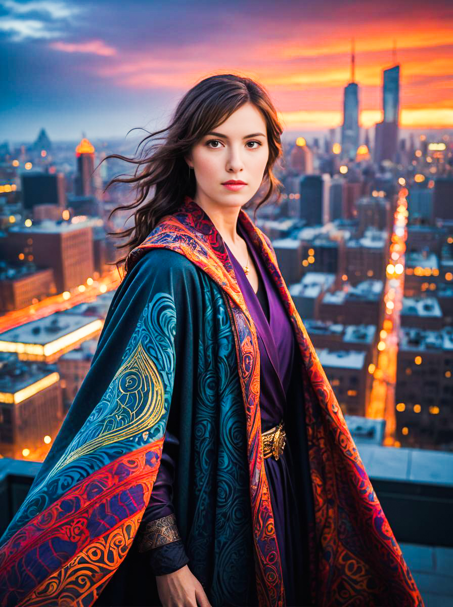 Confident Woman in Colorful Cloak at Sunset