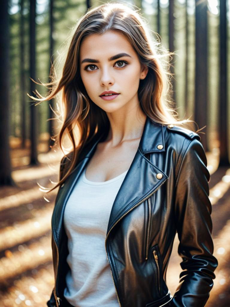 Confident Woman in Leather Jacket in Forest