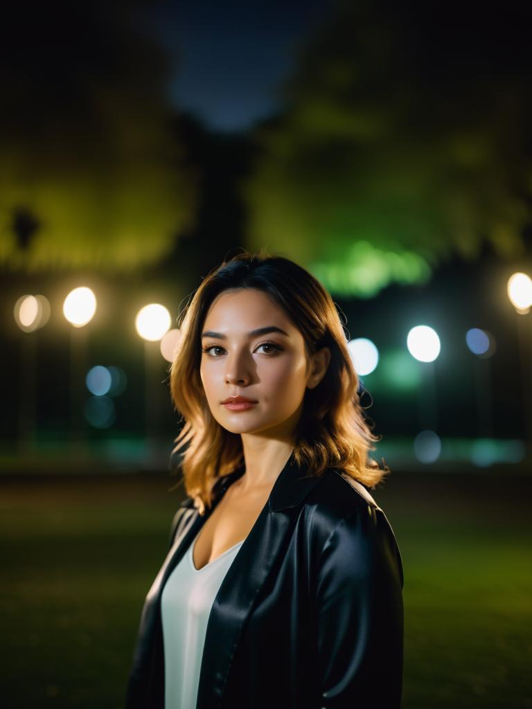 Confident Woman in Stylish Outfit with Ethereal Lights