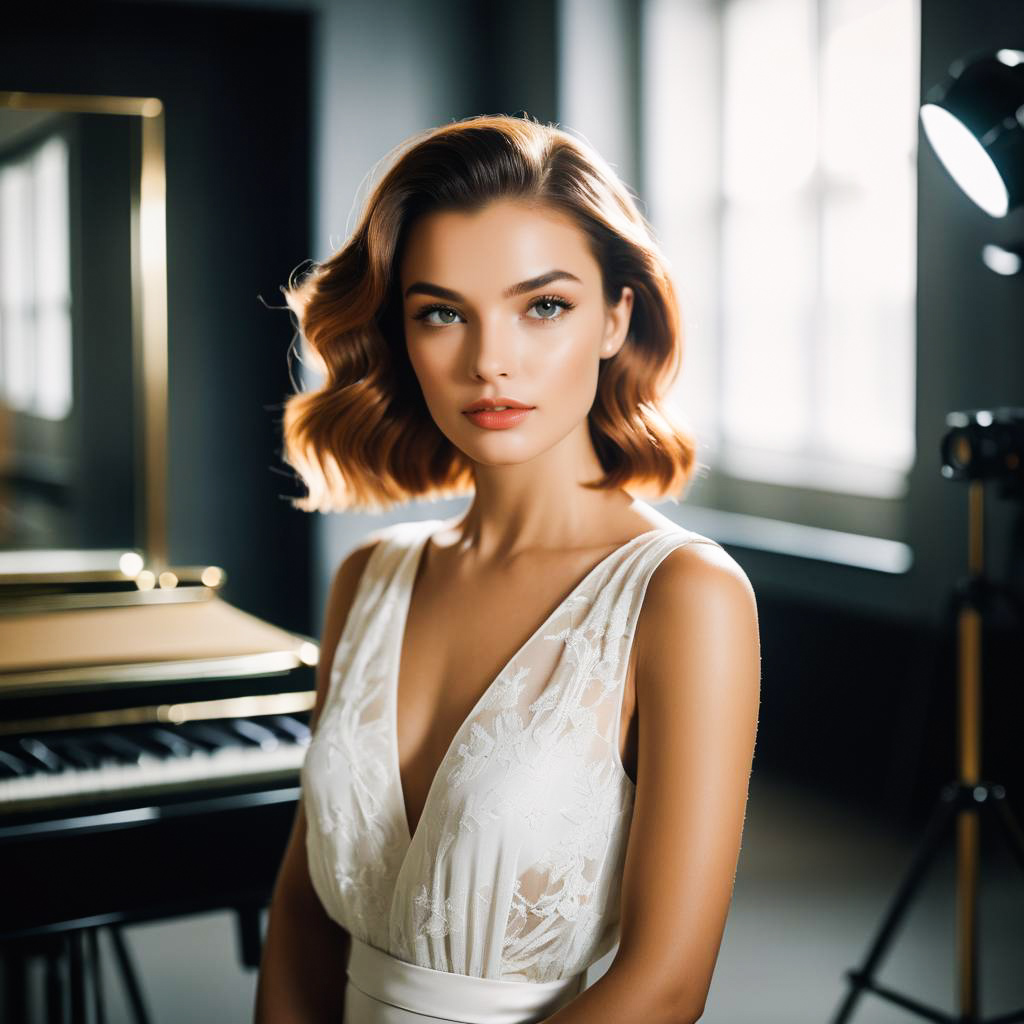 Elegant Woman in White Gown with Piano