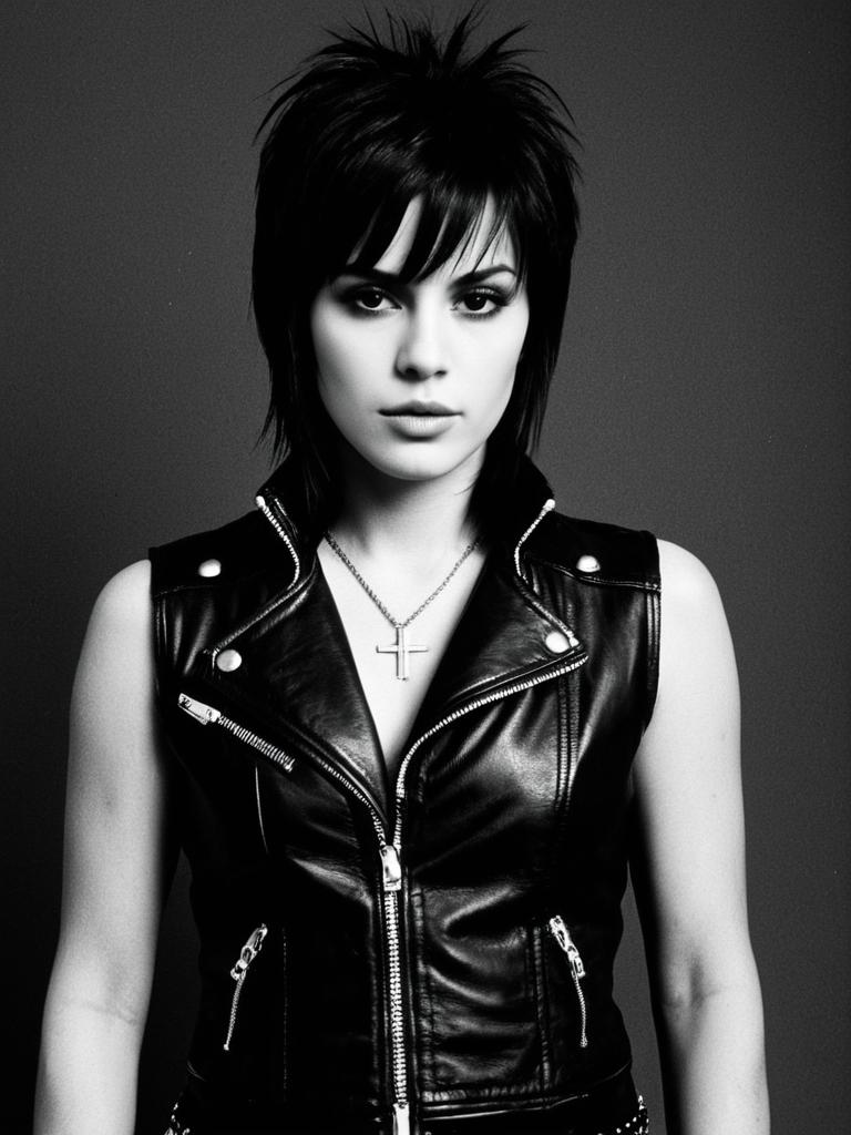 Woman in Joan Jett Outfit Black and White Cinematic Portrait
