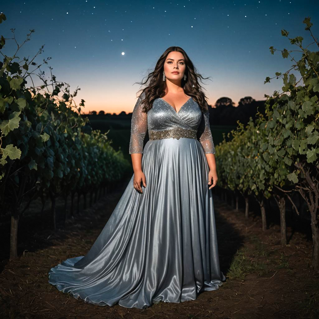 Elegant Woman in Silver Gown at Vineyard Dusk