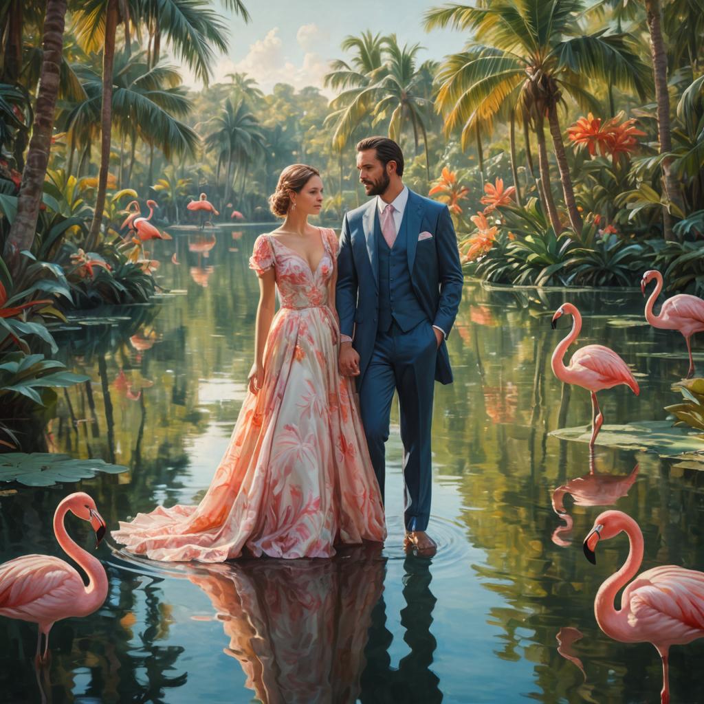 Elegant couple in tropical setting with flamingos