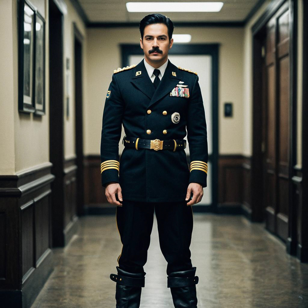 Confident Man in Military-Style Coat with Medals Confident Man in Military-Style Coat with Medals