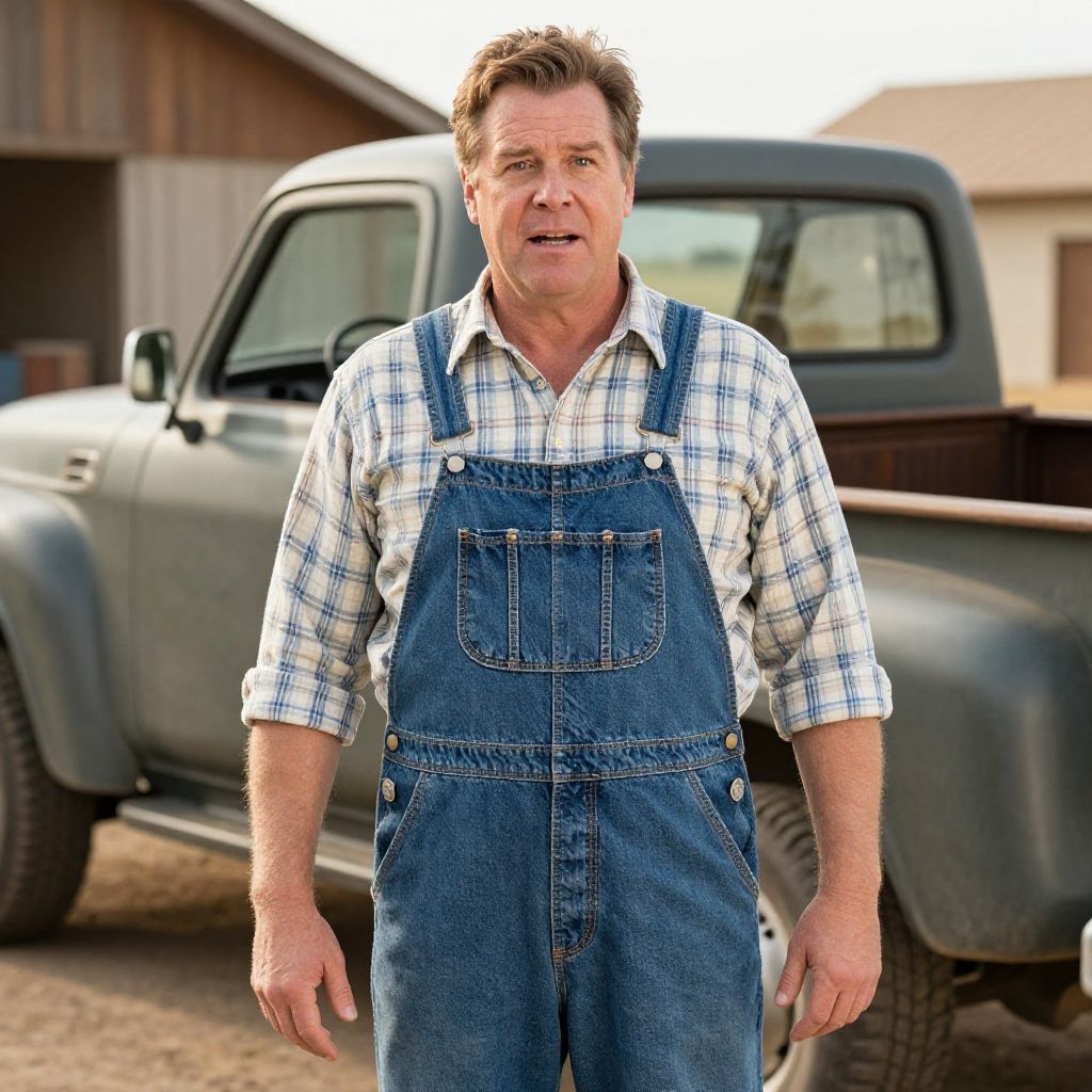 Middle-aged Man in Denim Overalls with Vintage Pickup Truck