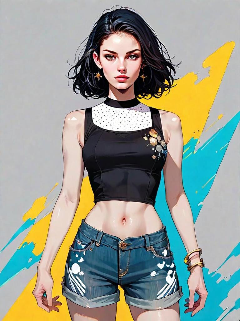 Realistic Comic Style Portrait of a Woman in Crop Top and Denim Shorts