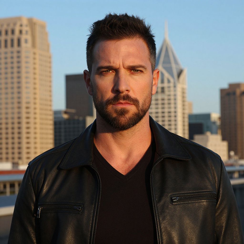 Man in Black Leather Jacket with Urban Skyline Background